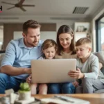 Australian family sitting in a modern living room, using a laptop to review their term life insurance policy online and discuss coverage options.