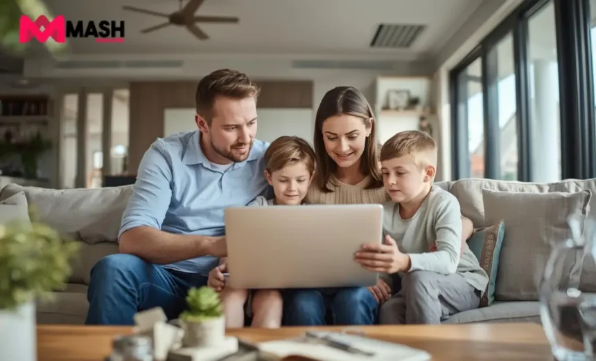 Australian family sitting in a modern living room, using a laptop to review their term life insurance policy online and discuss coverage options.