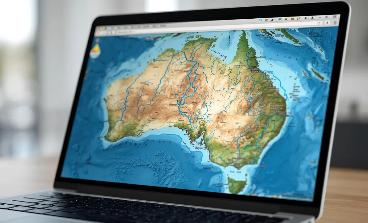 Laptop displaying Australian flood risk map with color-coded zones and marked rivers.
