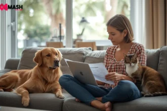 Australian pet owner with dog and cat reviewing pet insurance documents on laptop in bright living room