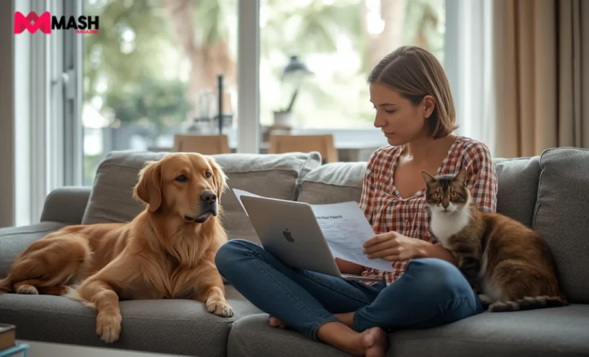 Australian pet owner with dog and cat reviewing pet insurance documents on laptop in bright living room