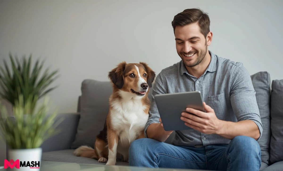 Australian pet owner using tablet to submit pet insurance claim online with dog beside them in modern living room