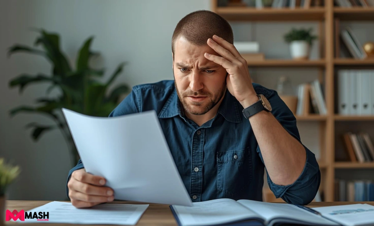Australian small business owner reviewing insurance documents at home office with laptop and paperwork, looking worried