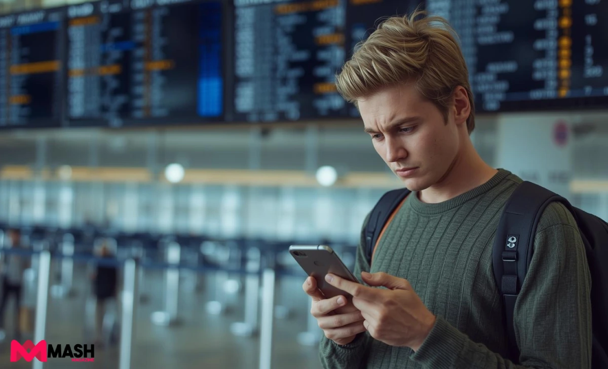 Worried Australian traveller checking phone near airport departure board showing cancelled flights, symbolising need for travel insurance protection.