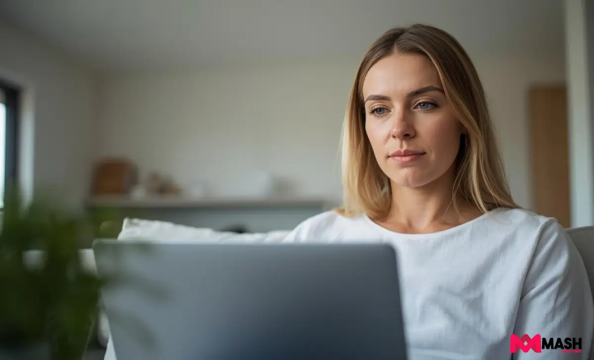 Australian woman using a laptop at home to compare term life insurance quotes in a modern living room.