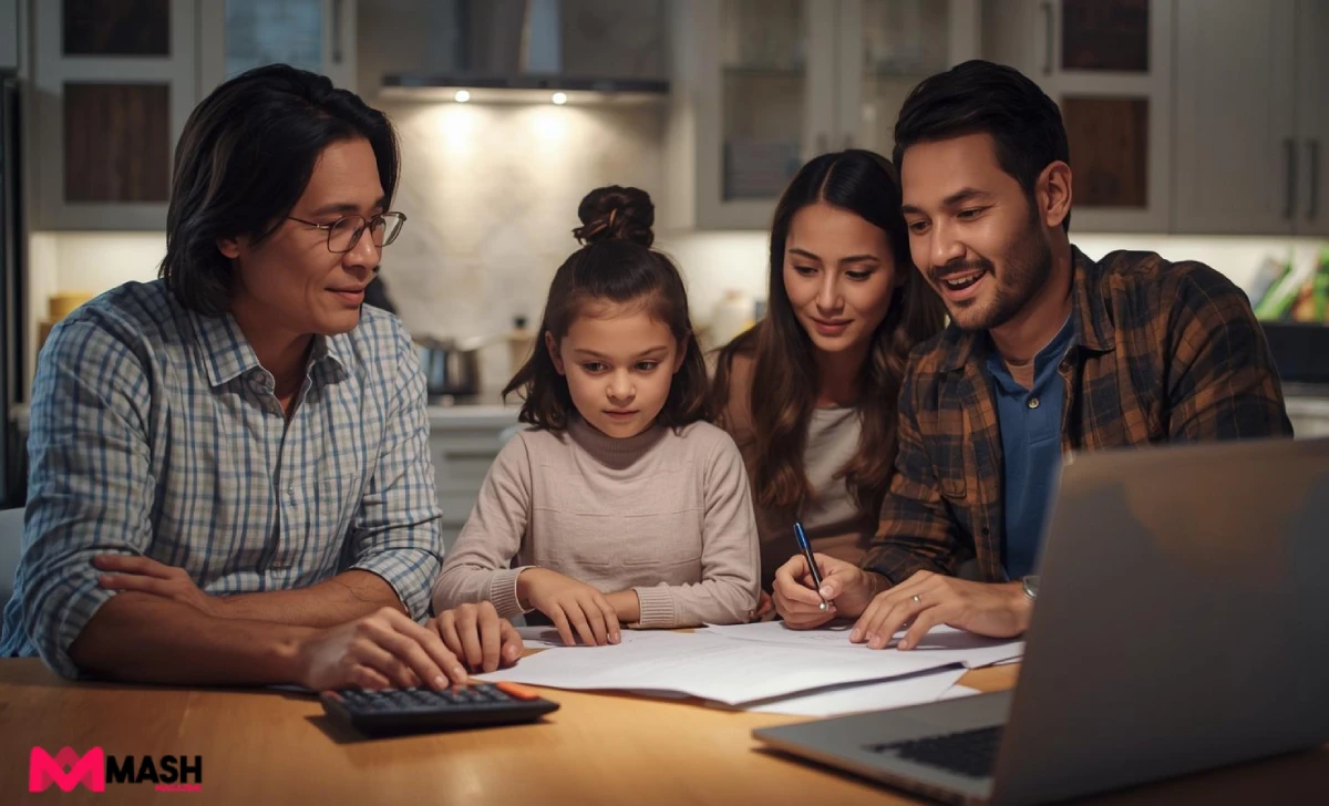 Australian family sitting at a kitchen table with laptop and calculator, reviewing mortgage and life insurance documents together.