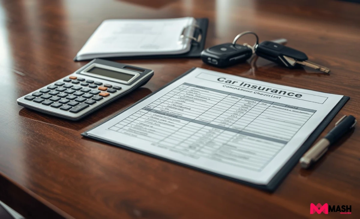 Car insurance comparison checklist with calculator and car keys on a desk in Australia, showing quote details.
