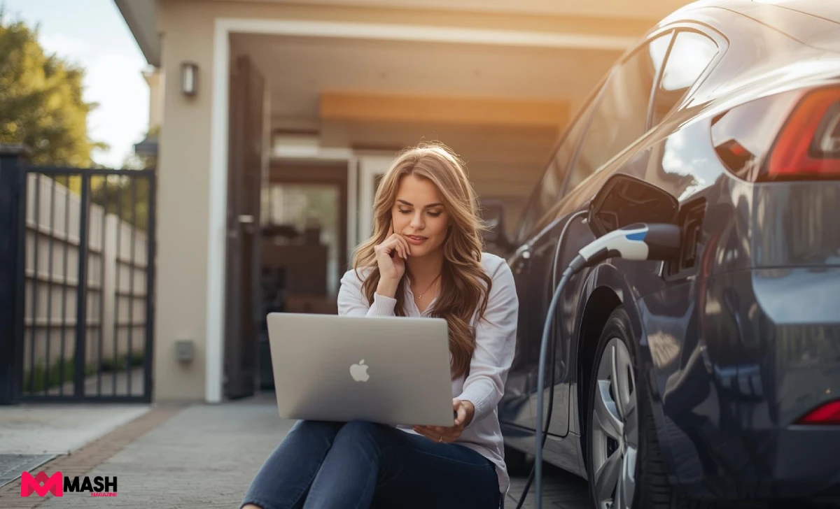  Person comparing electric vehicle insurance options on a laptop next to their EV in an Australian driveway