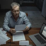 Worried Australian tenant checking rental bond refund paperwork on a laptop and forms.