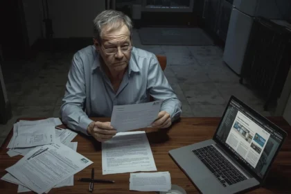 Worried Australian tenant checking rental bond refund paperwork on a laptop and forms.