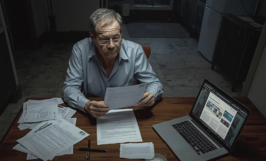 Worried Australian tenant checking rental bond refund paperwork on a laptop and forms.