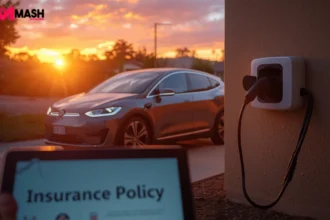 Electric vehicle charging at Australian home with insurance policy information displayed on table