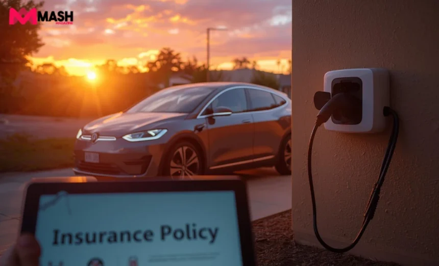 Electric vehicle charging at Australian home with insurance policy information displayed on table
