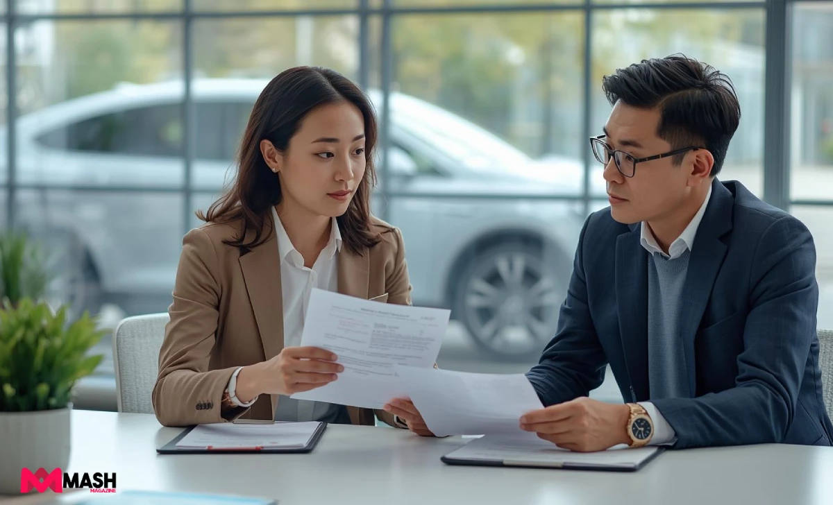 Insurance agent and customer reviewing electric vehicle insurance policy documents in Australian office