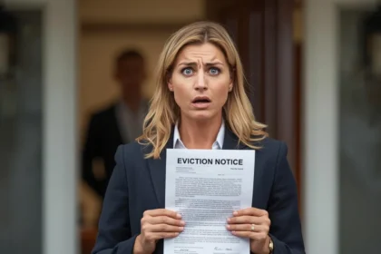 Australian tenant holding an eviction notice outside a rental property.
