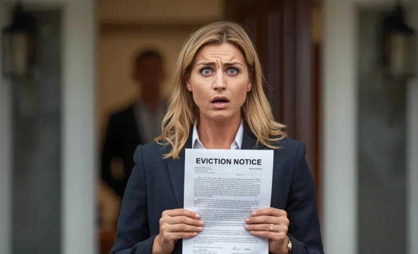 Australian tenant holding an eviction notice outside a rental property.