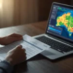 Australian homeowner checking flood cover in home insurance policy with laptop showing national flood risk map.