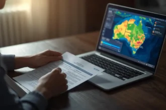 Australian homeowner checking flood cover in home insurance policy with laptop showing national flood risk map.