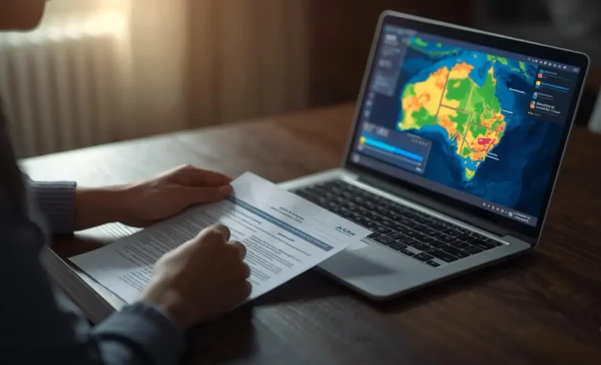 Australian homeowner checking flood cover in home insurance policy with laptop showing national flood risk map.