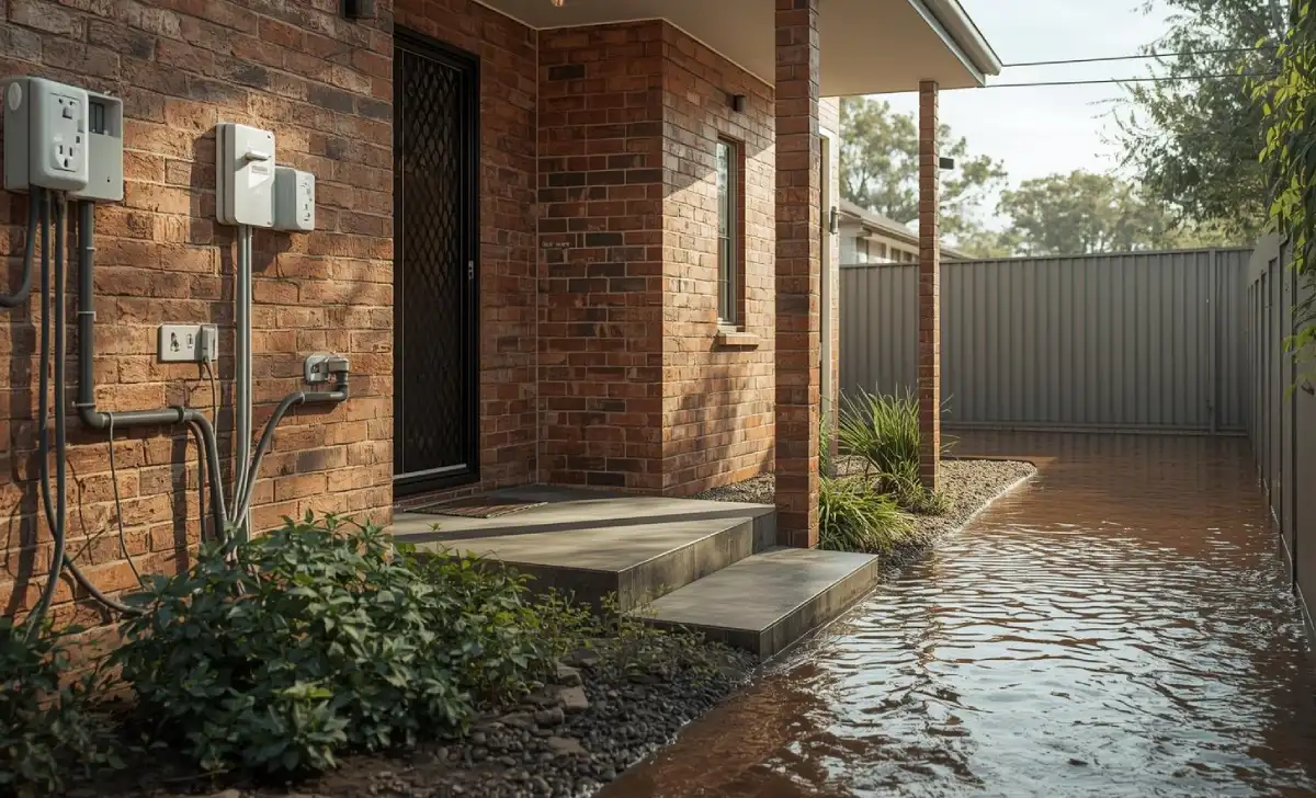 Australian home with raised electrical outlets, door flood barriers, and upgraded drainage to prevent flood damage.