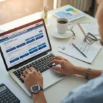 Person comparing car insurance quotes online in Australia on laptop with documents and calculator