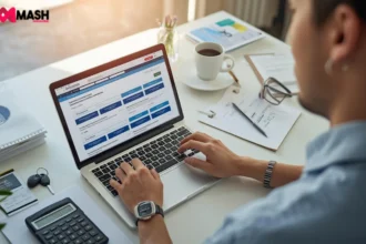 Person comparing car insurance quotes online in Australia on laptop with documents and calculator