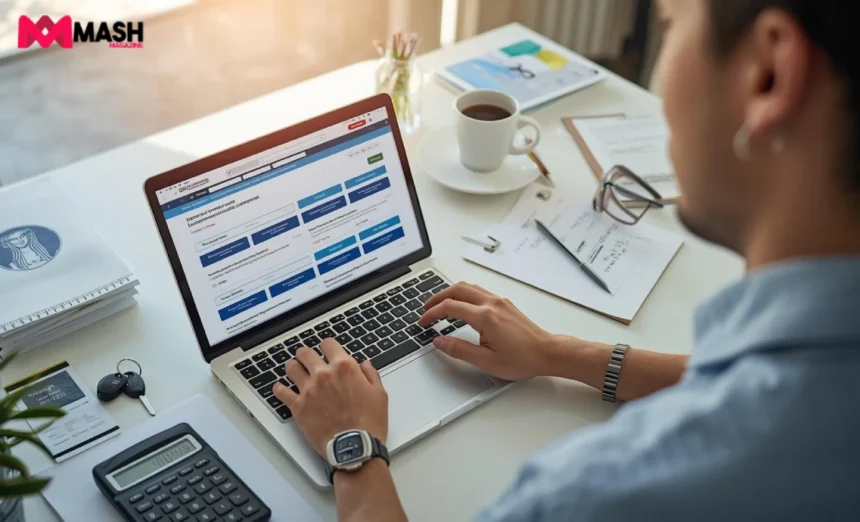 Person comparing car insurance quotes online in Australia on laptop with documents and calculator