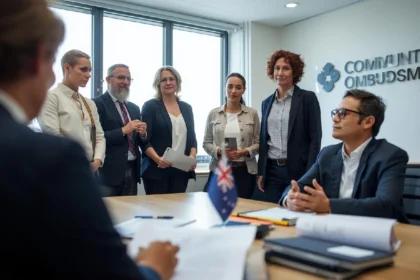 Australian citizen lodging a formal complaint with an Ombudsman officer in a government office