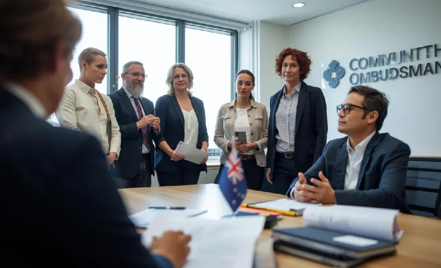Australian citizen lodging a formal complaint with an Ombudsman officer in a government office