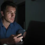 Australian user checking a scam message on laptop with warning and Scamwatch icons in background