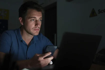 Australian user checking a scam message on laptop with warning and Scamwatch icons in background