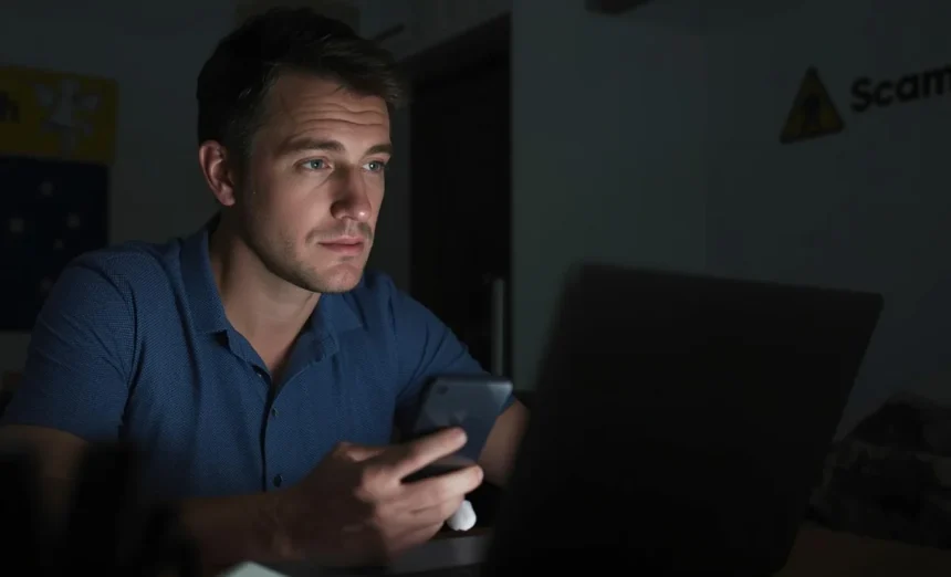 Australian user checking a scam message on laptop with warning and Scamwatch icons in background