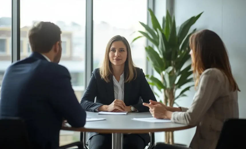 Professional mediator guiding two disputing parties in Australia during a mediation session before court.