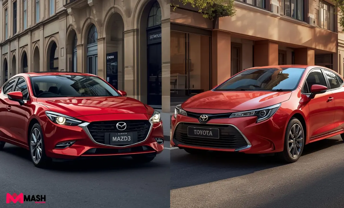 Split-screen image comparing a new Mazda 3 and an old Toyota Corolla in an Australian city street background.