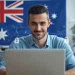 Australian person using a laptop with digital privacy and data protection symbols in background