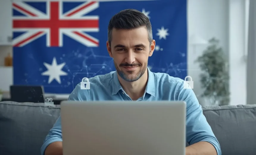Australian person using a laptop with digital privacy and data protection symbols in background