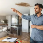 Australian tenant pointing at a leaking ceiling in a rental apartment, highlighting repair issues