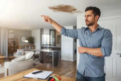 Australian tenant pointing at a leaking ceiling in a rental apartment, highlighting repair issues