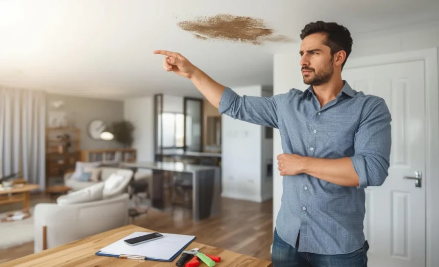 Australian tenant pointing at a leaking ceiling in a rental apartment, highlighting repair issues