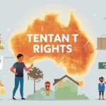 Illustration of Australian tenants facing issues like rent increases, repairs, and eviction, with tenant rights symbolised by a glowing Australia map