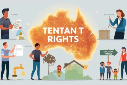 Illustration of Australian tenants facing issues like rent increases, repairs, and eviction, with tenant rights symbolised by a glowing Australia map