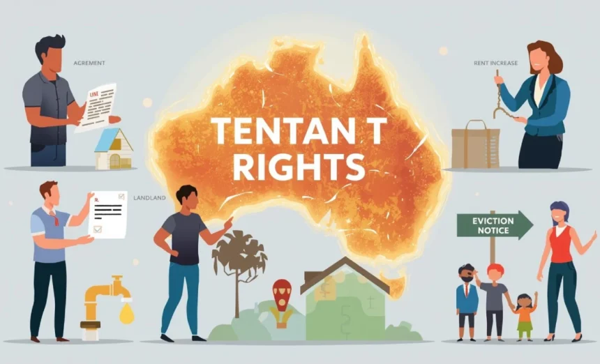 Illustration of Australian tenants facing issues like rent increases, repairs, and eviction, with tenant rights symbolised by a glowing Australia map