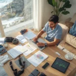 Australian traveller comparing travel insurance policies for adventure activities with laptop, documents and adventure sports gear including surfboard and hiking boots