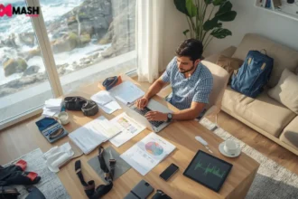 Australian traveller comparing travel insurance policies for adventure activities with laptop, documents and adventure sports gear including surfboard and hiking boots