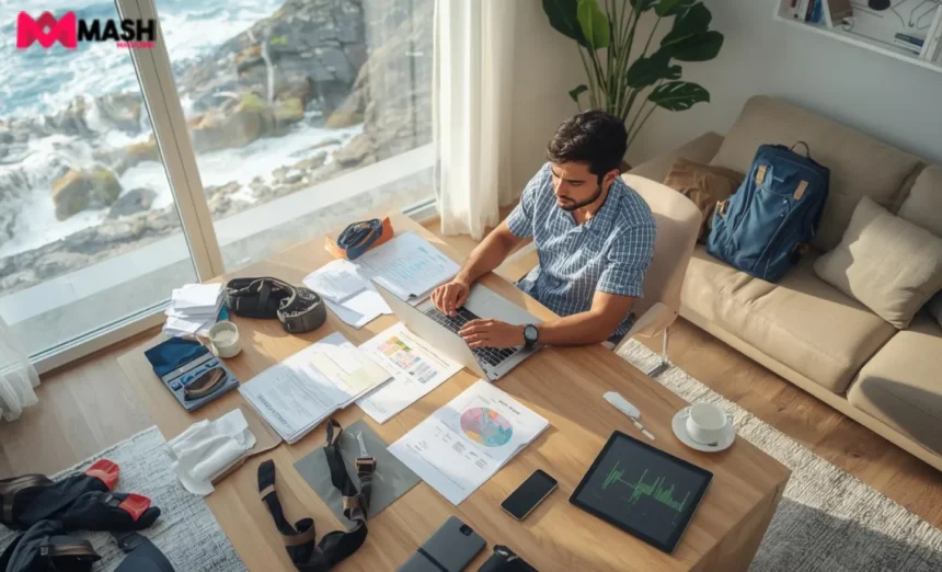 Australian traveller comparing travel insurance policies for adventure activities with laptop, documents and adventure sports gear including surfboard and hiking boots