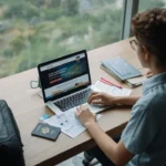 Australian traveller checking travel insurance details for natural disaster and pandemic coverage before trip, documents on table, calm daylight scene.