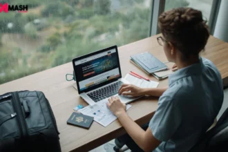 Australian traveller checking travel insurance details for natural disaster and pandemic coverage before trip, documents on table, calm daylight scene.