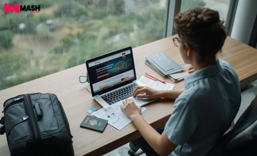 Australian traveller checking travel insurance details for natural disaster and pandemic coverage before trip, documents on table, calm daylight scene.