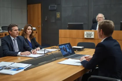Self-represented Australian individuals presenting evidence at a tribunal hearing with documents, photos, and a tribunal member present.