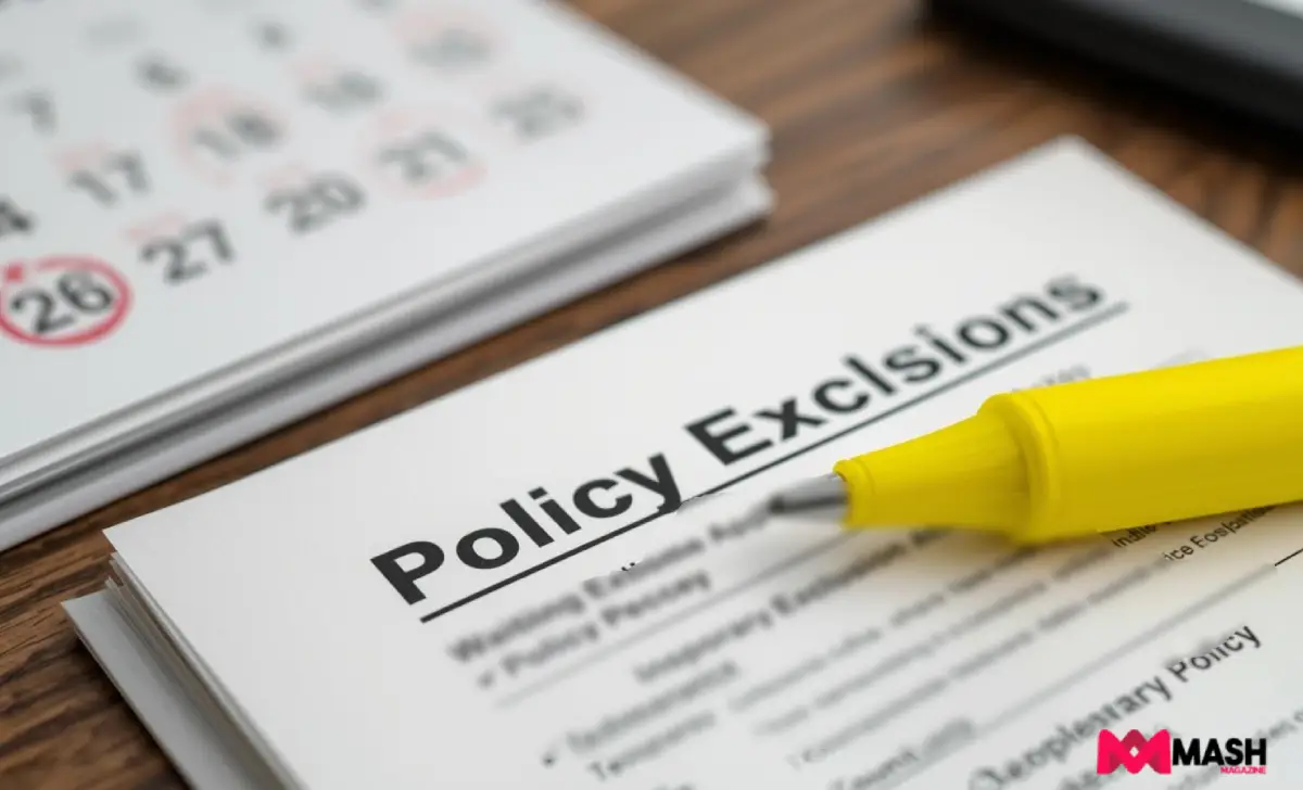 Calendar and insurance policy document showing waiting periods and temporary exclusions timeline